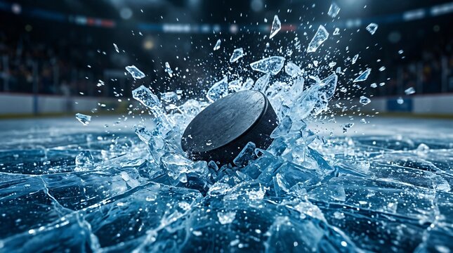 Ice hockey puck hitting ice rink surface with frozen water splash. Professional sport action shot. Dynamic winter activity, competition and athletic training concept for sports media.