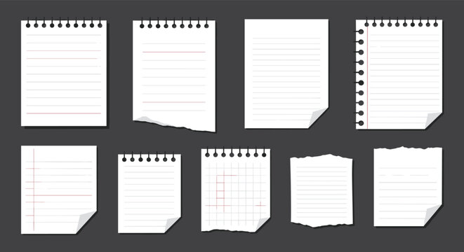 Comprehensive set of various blank note paper styles including lined, squared, torn edges, and spiral-bound notebook pages.