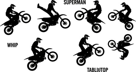Obraz premium Silhouettes of motorcyclists performing stunts on dirt bikes various acrobatic maneuvers
