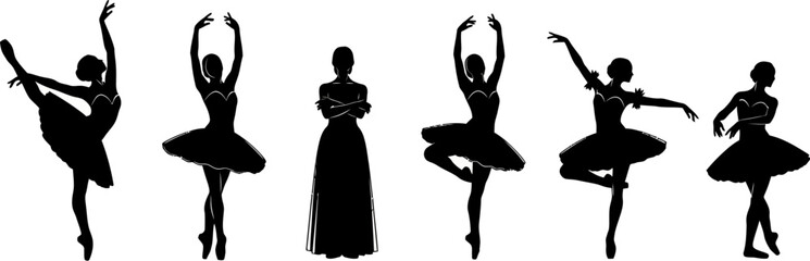 set of black silhouettes of female ballet dancers in various poses on white background © Afia