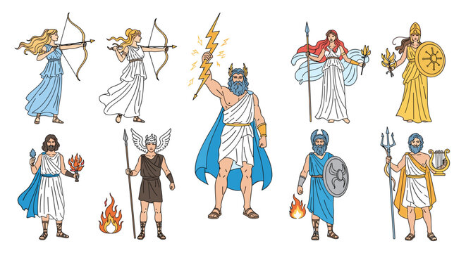 Olympian gods and goddesses from Greek mythology depicted with traditional symbols including Zeus, Hera, Poseidon, and Athena.