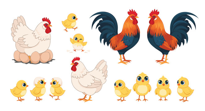 Collection of farm birds featuring hens with eggs, colorful roosters, and cute yellow chicks in a variety of poses and groups.