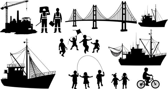 Collection of various silhouettes of people and transportation vehicles on white background