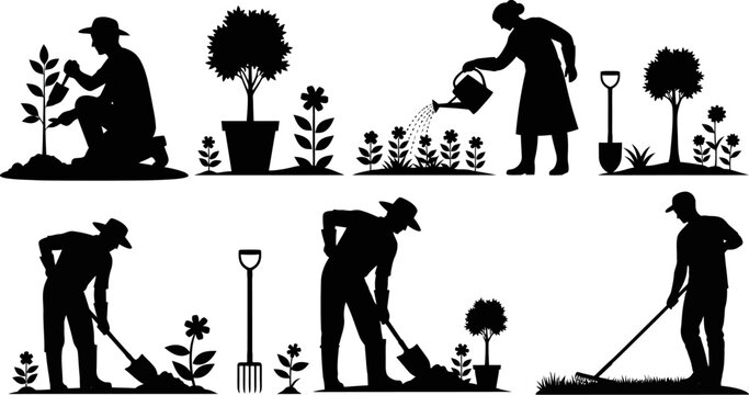 Silhouette illustrations of people gardening and landscaping with various tools and plants