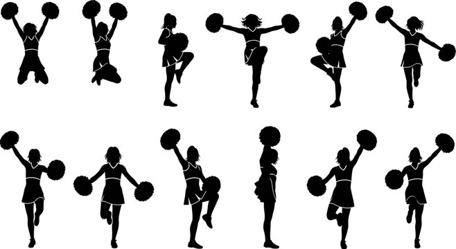 set of cheerleaders in various poses with pom poms isolated on white background