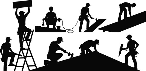 Construction workers silhouettes vector set, builders using tools roofing carpentry repair work isolated illustration © Sabina