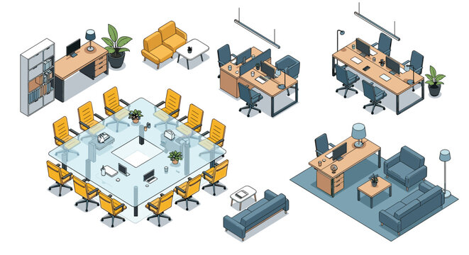 Isometric office workspace layout featuring various furniture pieces like desks, ergonomic chairs, sofas, and a large meeting table.