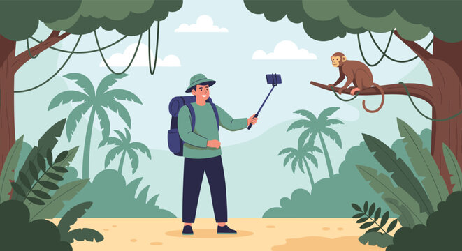 Adventurous traveler capturing a selfie with a wild monkey perched on a tree branch in a dense tropical rainforest during a hiking trip.