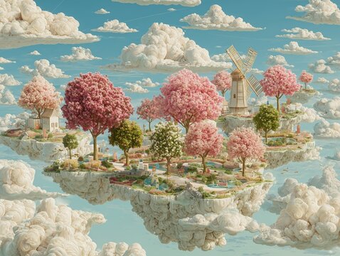 Dreamy floating island with pink blossom trees, windmills, and cottage houses above the clouds, a surreal fantasy landscape perfect for spring, wonder, and imaginative concept art themes