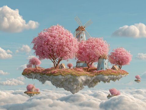 Dreamy floating island with pink blossom trees, windmills, and cottage houses above the clouds, a surreal fantasy landscape perfect for spring, wonder, and imaginative concept art themes