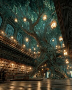 Majestic ancient tree growing inside a grand library with glowing lanterns, towering bookshelves, and dramatic light, a magical fantasy interior ideal for knowledge, imagination, and storytelling them