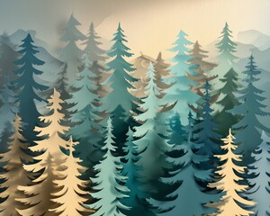 Obraz premium Papercut-style layered pine forest in cool blue and teal tones with misty atmosphere, a serene winter woodland illustration ideal for nature backgrounds, holiday design, and seasonal decor
