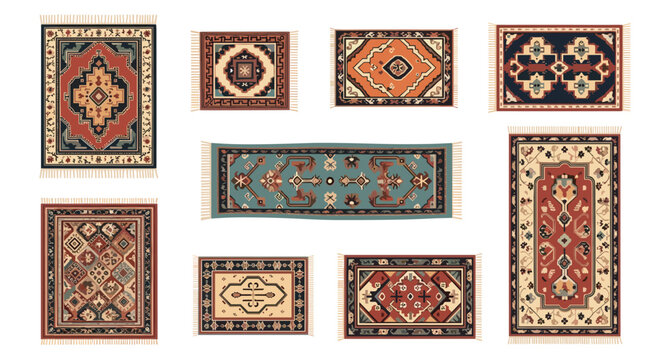 Selection of ornate oriental and persian rugs featuring intricate geometric patterns, floral motifs, and traditional woven designs in rich colors.