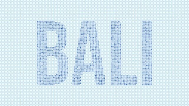 Bali dotted map animation. Digital style shape of the island. Bali shape and title blue dots appear with flickering effect. Indonesia. Creative Intro, outro, title, logo video.