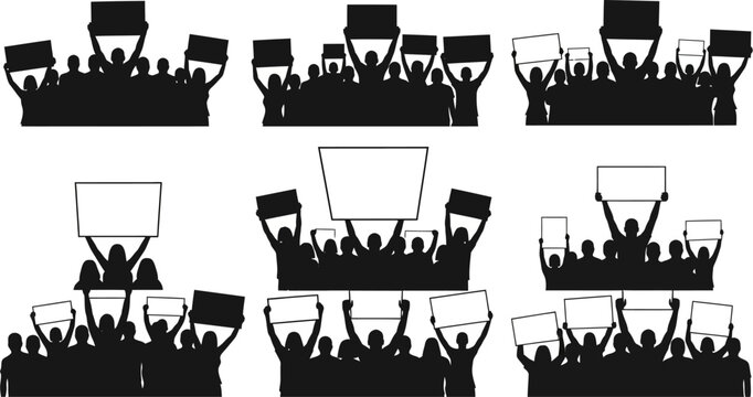 collection of silhouettes of crowds of people holding up signs and banners in protest