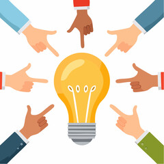Fototapeta premium Illustration of multiple hands pointing towards a glowing light bulb, representing a shared idea or a brainstorming session