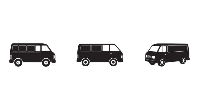 Three black van silhouettes in different angles on white background  side and front views