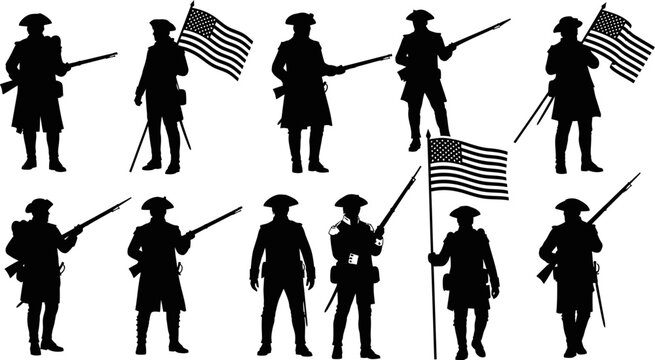 American colonial soldiers silhouettes holding guns and flags  patriotism and revolution