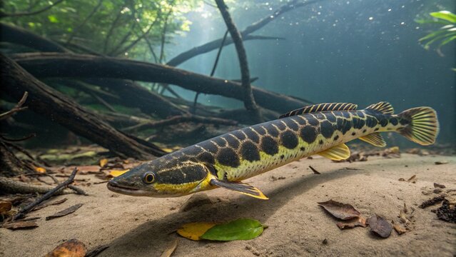 Ornate Bichir (Polypterus ornatipinnis) swimming near the riverbed in its natural African freshwater habitat.