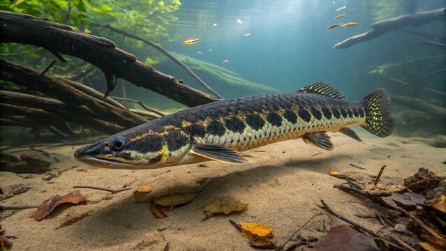 Ornate Bichir (Polypterus ornatipinnis) swimming near the riverbed in its natural African freshwater habitat.