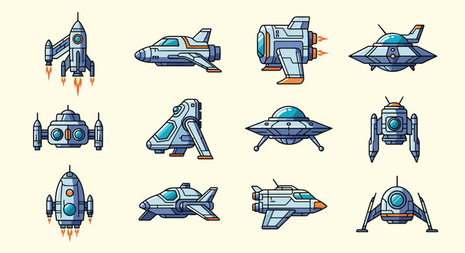 Collection of retro style pixel art spaceships features diverse galactic vessels with futuristic designs and thrusters.