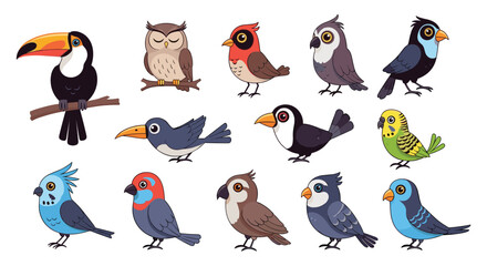 Fototapeta premium Selection of colorful cartoon bird characters including toucan, owl, parrot, and other diverse avian species.