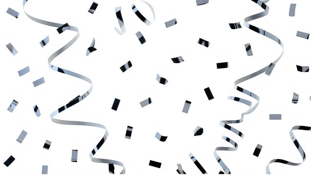 Silver streamers and confetti celebration decorations falling down isolated on transparent background transparent background