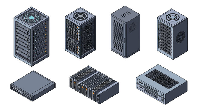 Isometric icons of various server and network equipment including rack servers, storage units, and hardware.