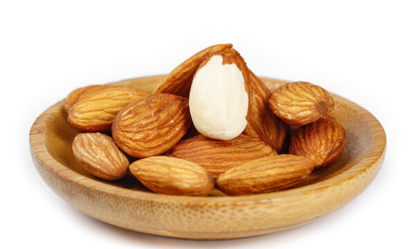 Fresh Almonds in Wooden Bowl with Peeled Kernel - Healthy Natural Nuts Snack Food