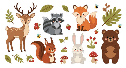 Obraz premium Set of adorable woodland animals including a deer, raccoon, fox, squirrel, rabbit, and bear surrounded by mushrooms, leaves, and berries.