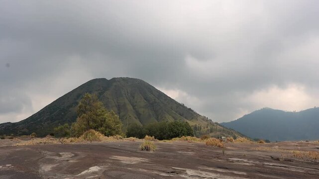 4k Wide Landscape View of Mount Batok Cinder Cone in Bromo Tengger Semeru National Park, East Java Indonesia