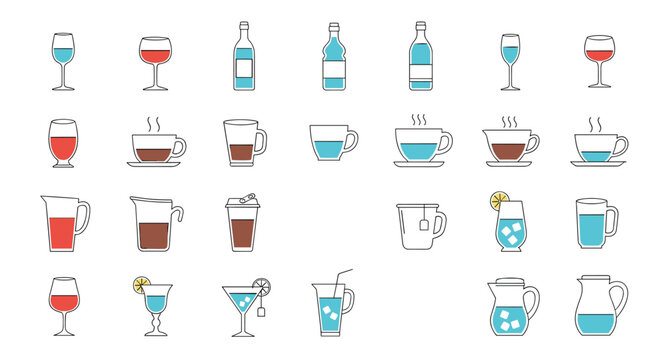 Large collection of beverage icons including wine glasses, beer mugs, coffee cups, tea pots, and cocktail glasses in line art.