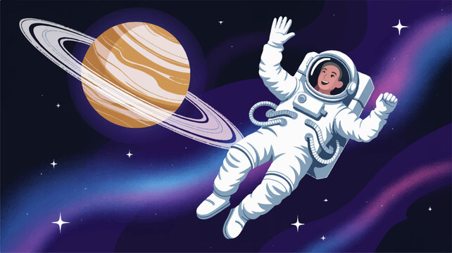 Astronaut floating in space with vibrant planet and rings stars and colorful nebula background