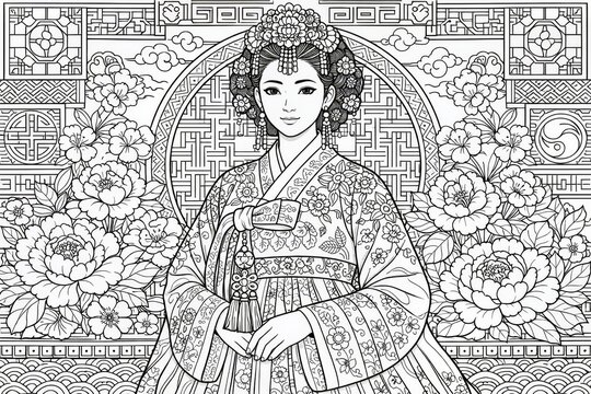 Intricate black and white illustration of an elegant woman wearing a traditional Asian hanbok surrounded by floral motifs and geometric patterns, ideal for coloring and cultural projects.