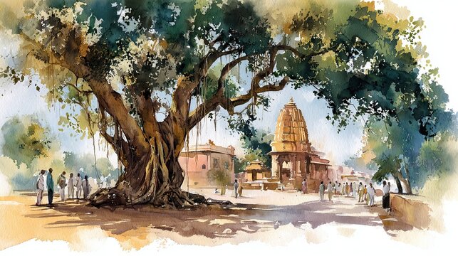 A watercolor painting of an ancient tree beside a historic temple with people gathered around, depicting a serene outdoor scene.