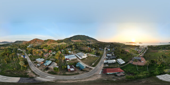 360 Degree Aerial Panorama of Tropical Resort with Modern Villas and Private Ponds at Sunset. Spherical VR View of Exotic Destination.