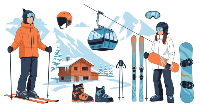 Large collection of winter sports equipment and characters featuring skiers, snowboarders, a cabin, and a mountain gondola.