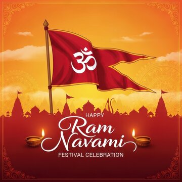 Happy Ram Navami Festival: OM Flag Waving with Temple Silhouettes and Diyas