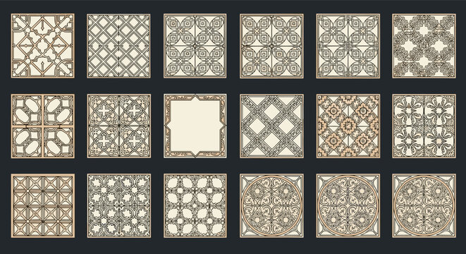Collection of ornate decorative square tiles or frames with intricate geometric and floral patterns in a vintage style.
