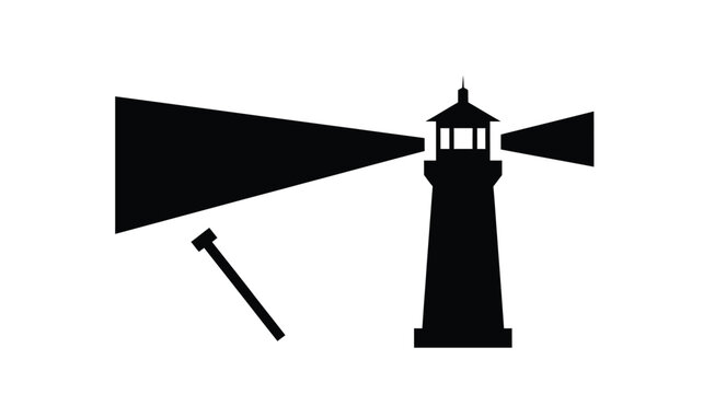 A stark black lighthouse beaming light across the dark sea silhouette