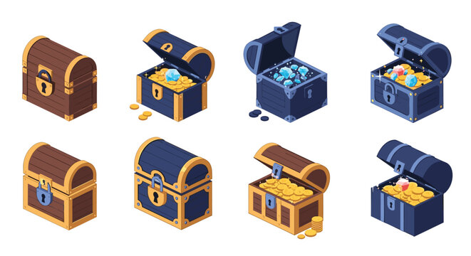 Selection of pirate treasure chests in various states of being open and closed filled with gold coins and precious blue gems.