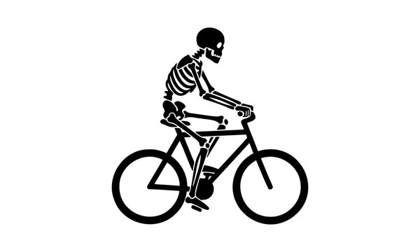 Silhouette of a human skeleton riding a bicycle isolated on white background