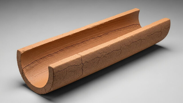 Cracked terracotta gutter pipe with visible damage on surface