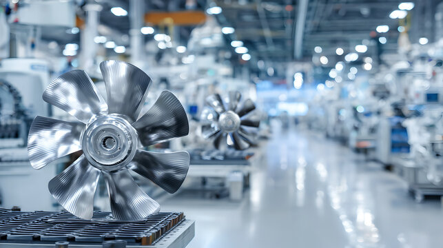 Row of large industrial exhaust ventilation fans in factory with orange light.
