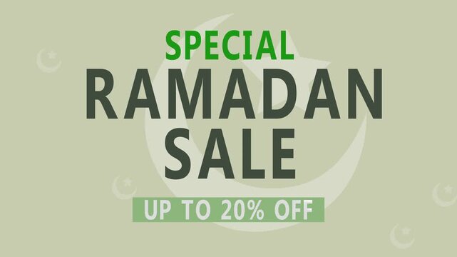 Ramadan Sale Promotion Business Discount Background. special Ramadan sale up to 20% off text loop animation. promoting a special offer during the holy month.