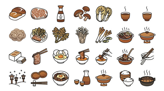 Japanese Sukiyaki Food Set in Linear Style. A collection of icons, including beef, mushrooms, tofu, egg, noodles, sake, rice, nabe pot, chopsticks, and more. Vector graphic, sukiyaki, nabe, food.