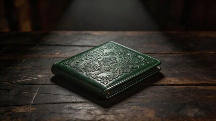 Intricate Leather Journal: A beautifully crafted green leather journal, with an intricate floral design, rests elegantly on a weathered wooden surface, under a subtle spotlight.