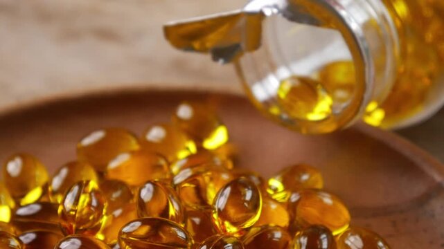 softgel capsules pouring out of opened glass bottle onto wooden plate, supplement herbal extract health concept