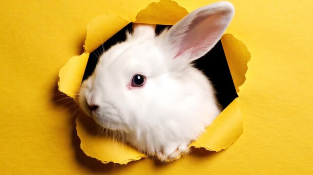 White rabbit peeking through torn yellow paper