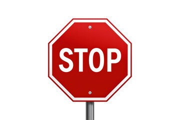 Obraz premium Stop sign, octagonal red road traffic signal with white letter text and border on a pole, transparent background